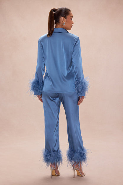 Alexandra Feathered Satin Pant Set - Slate Blue
