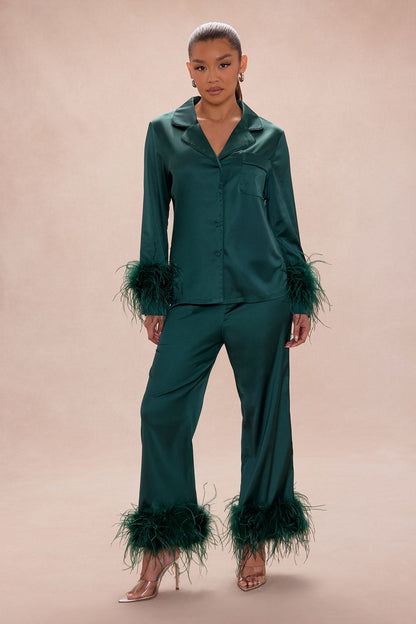 Alexandra Feathered Satin Pant Set - Hunter