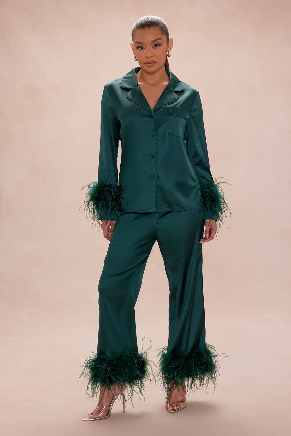 Alexandra Feathered Satin Pant Set - Hunter