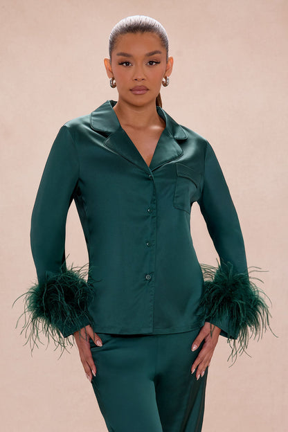Alexandra Feathered Satin Pant Set - Hunter