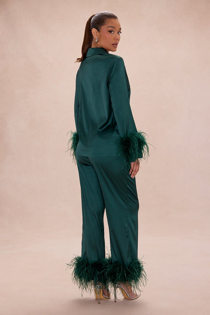 Alexandra Feathered Satin Pant Set - Hunter