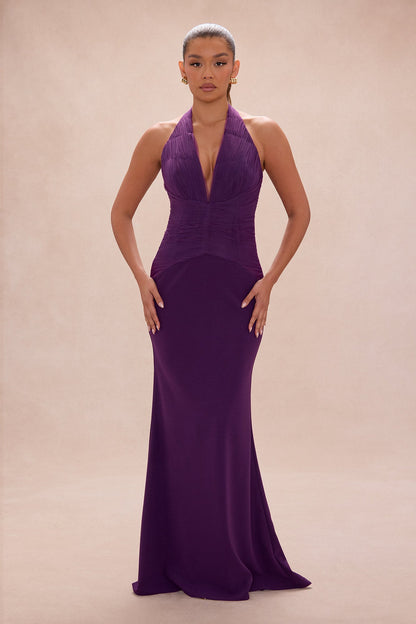 Madeline Ruched Halter Maxi Dress - Plum