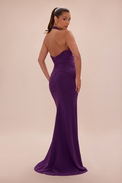 Madeline Ruched Halter Maxi Dress - Plum