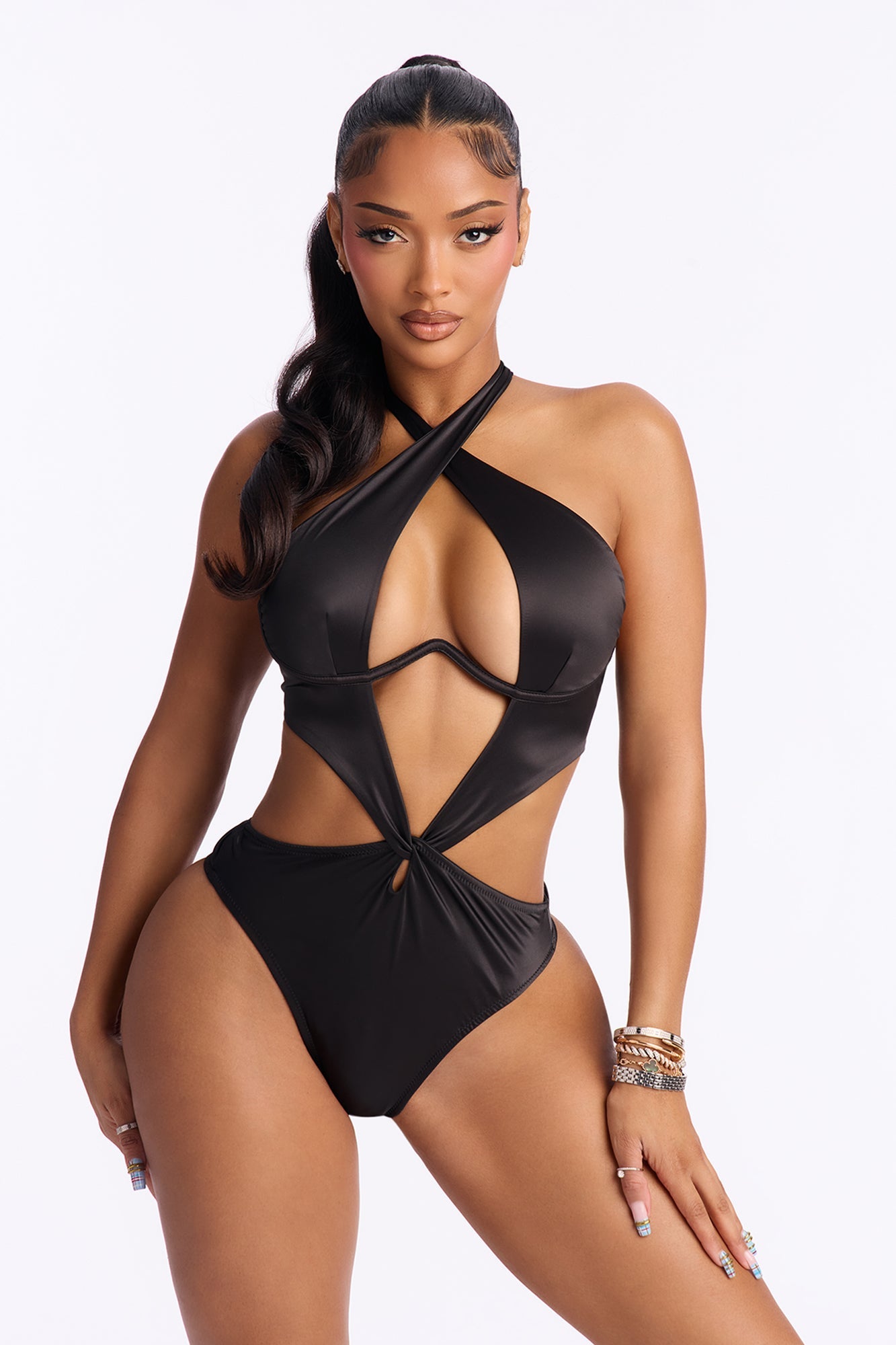 Soft Flame Stretch Satin Teddy - Black