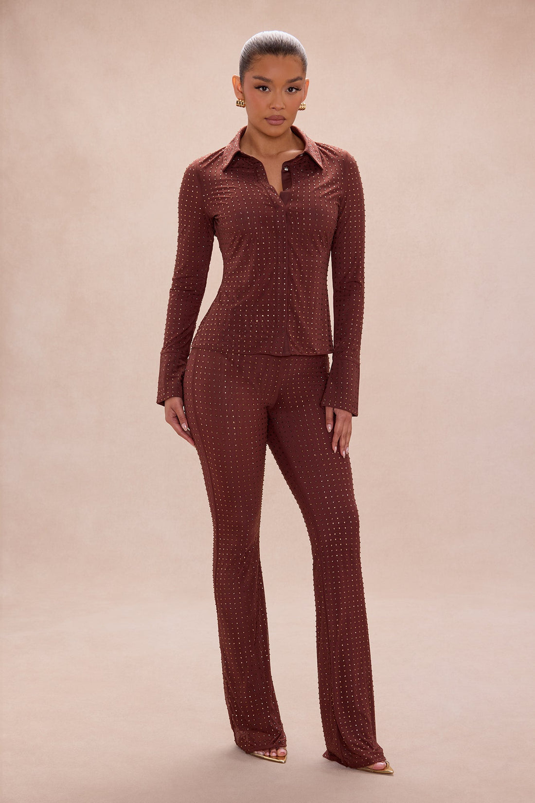 Gabrielle Rhinestone Mesh Pant Set - Chocolate