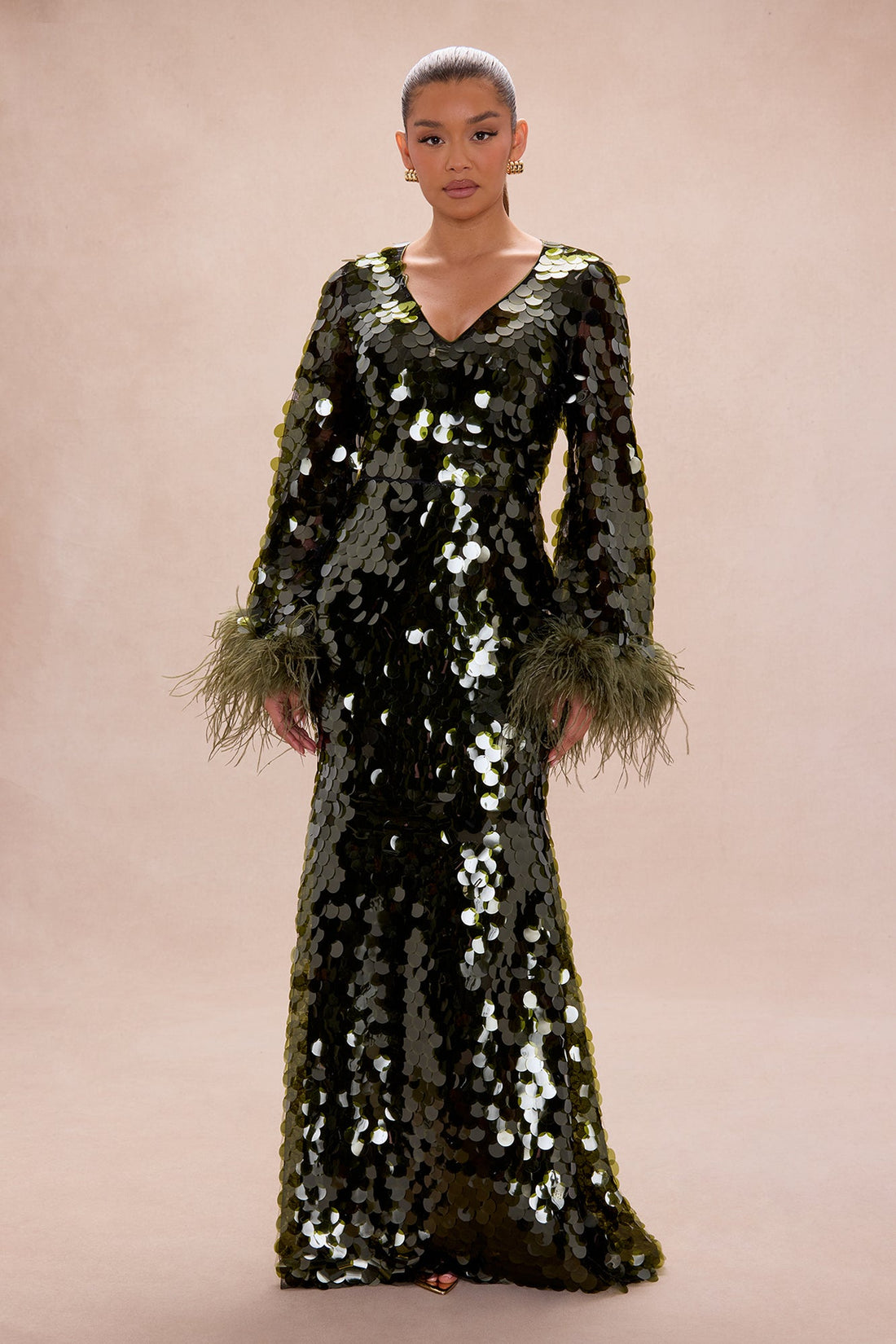 Lennox Feathered Sequin Maxi Dress - Olive