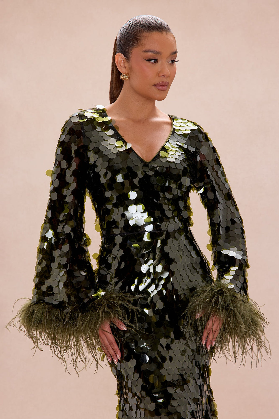 Lennox Feathered Sequin Maxi Dress - Olive