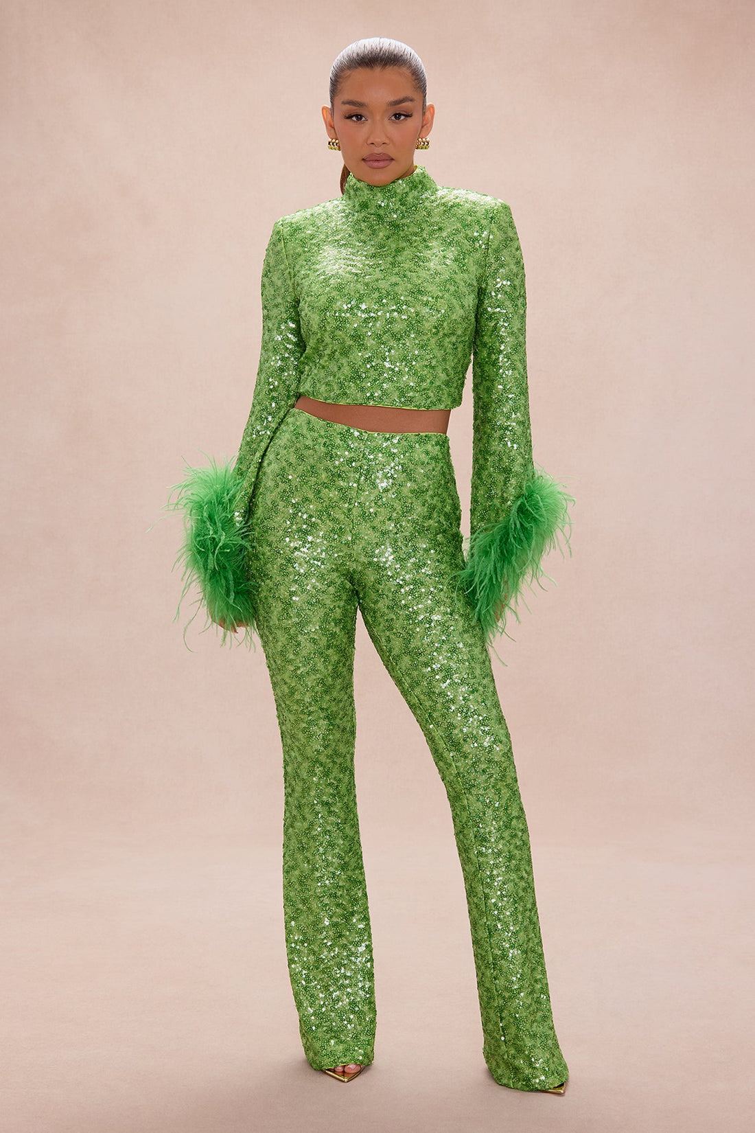 Opal Dreams Feathered Sequin Pant Set - Green