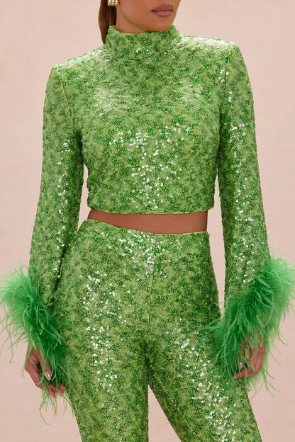 Opal Dreams Feathered Sequin Pant Set - Green