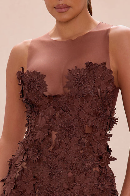 Willow Sheer Embroidered Maxi Dress - Chocolate