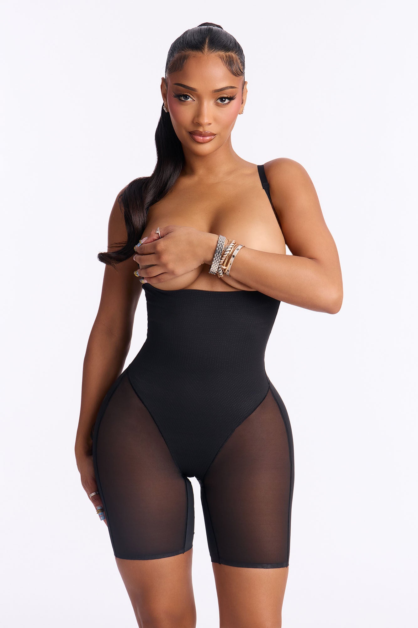 Microfiber Power Mesh Open Bust Butt Shaping Bodysuit - Black