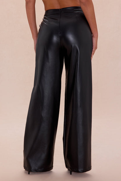 Kara Pleated Faux Leather Pants - Black