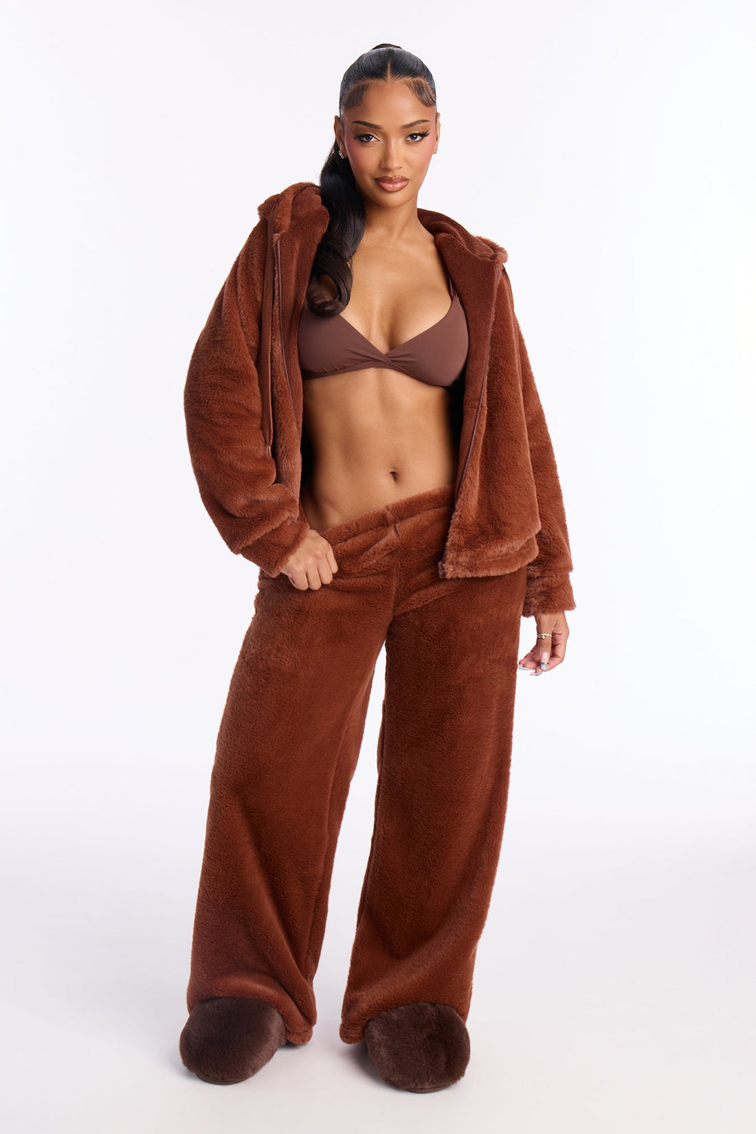 Stay Cozy Plush Hoodie PJ Pant Set - Chocolate