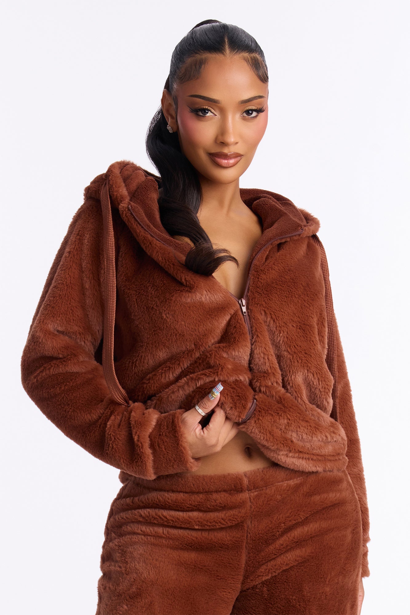 Stay Cozy Plush Hoodie PJ Pant Set - Chocolate