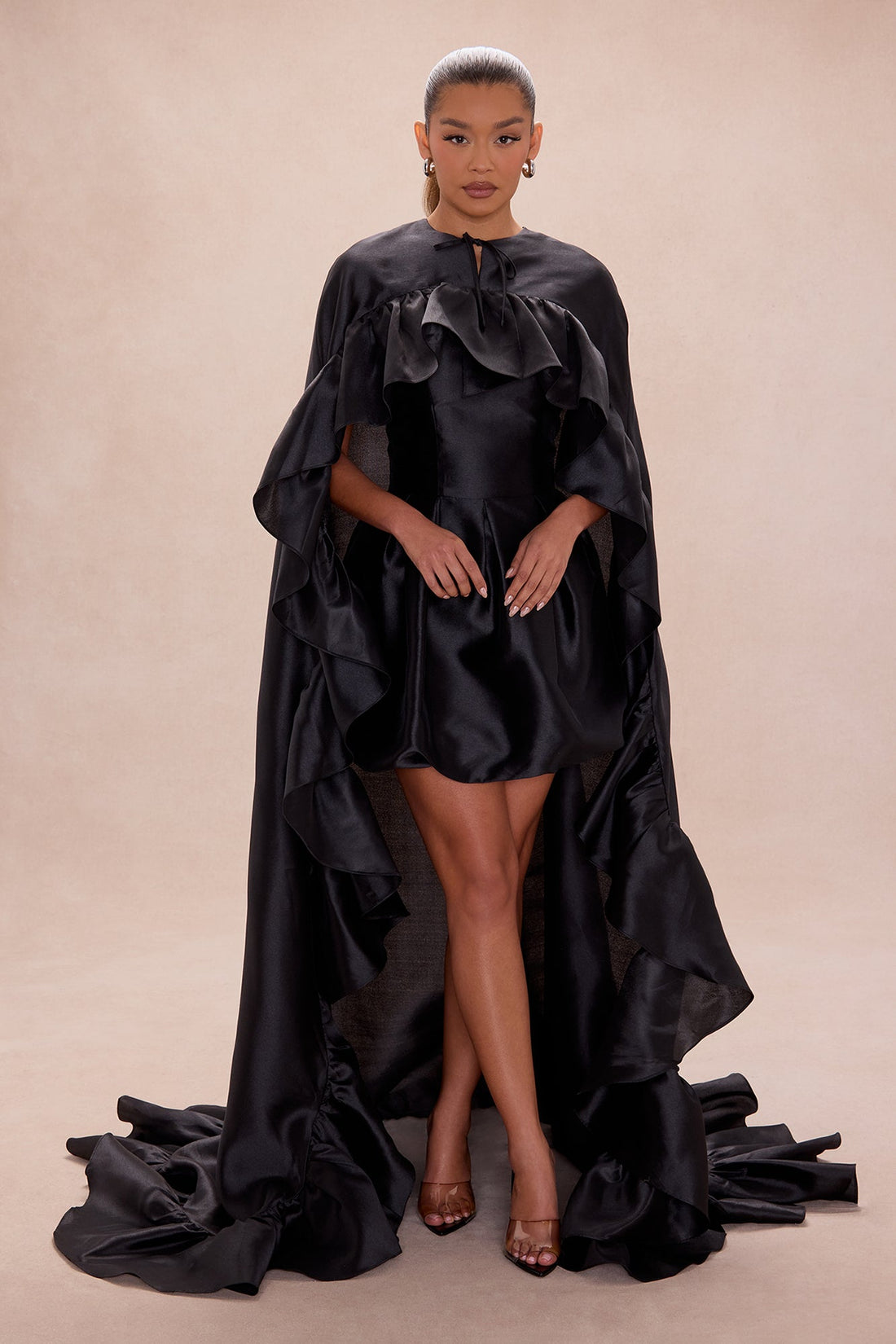 Chic Drama 2 Piece Cape Mini Dress Set - Black
