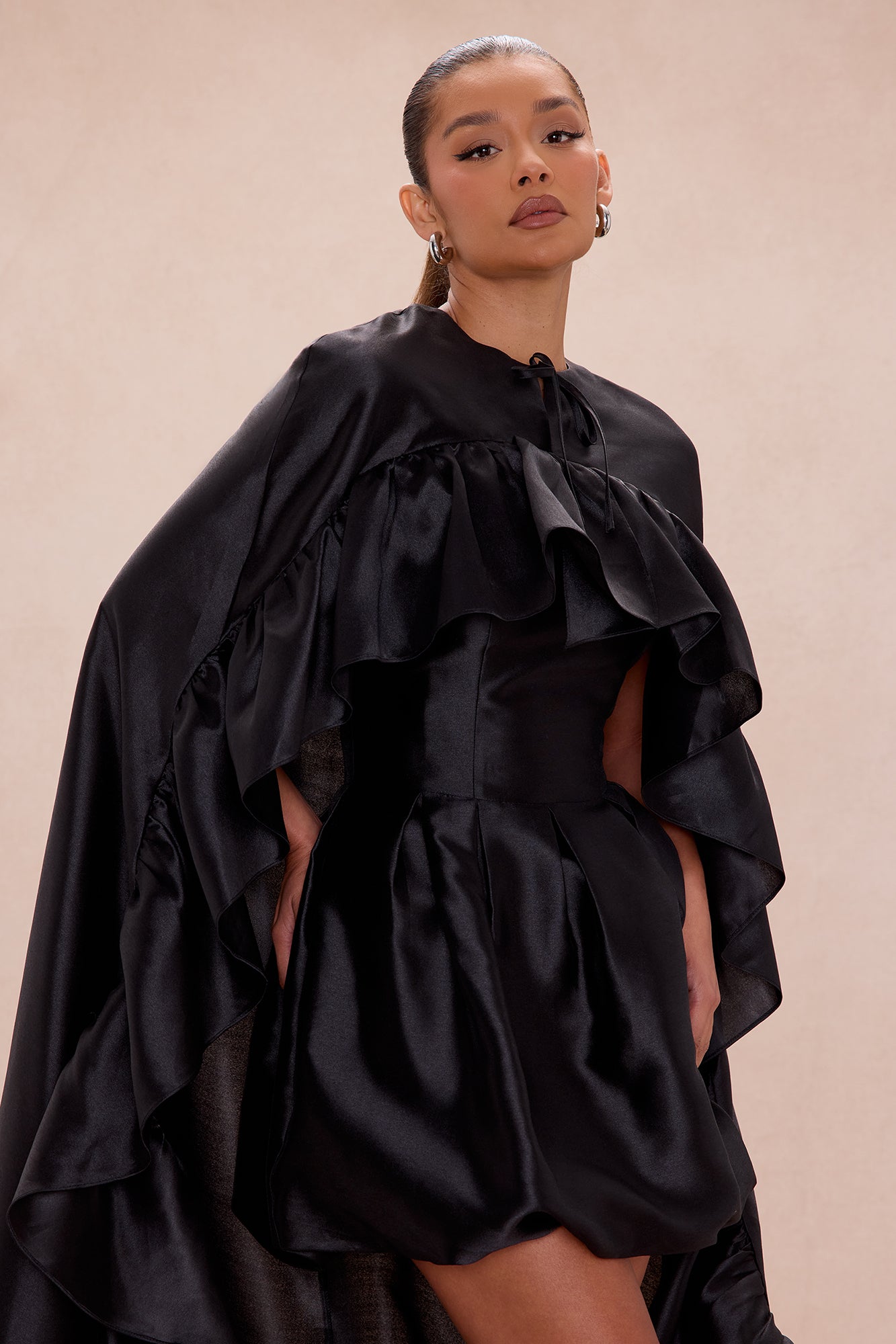Chic Drama 2 Piece Cape Mini Dress Set - Black