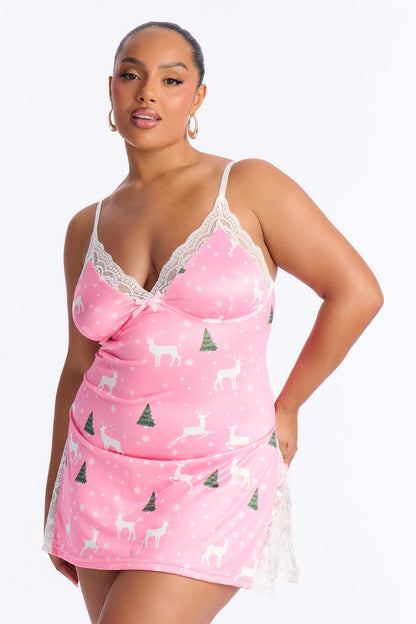 Kissmas Eve Lace Trim Chemise - Pink