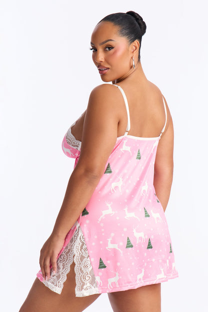 Kissmas Eve Lace Trim Chemise - Pink