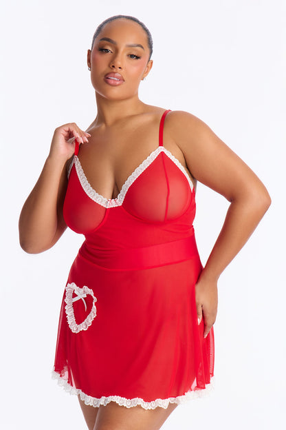 Winter Vixen Mesh Babydoll - Red/White