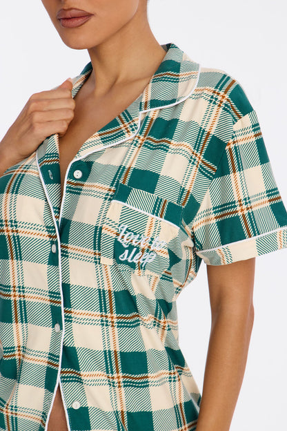 Love To Sleep Embroidered Short Sleeve PJ Short Set - Green/combo