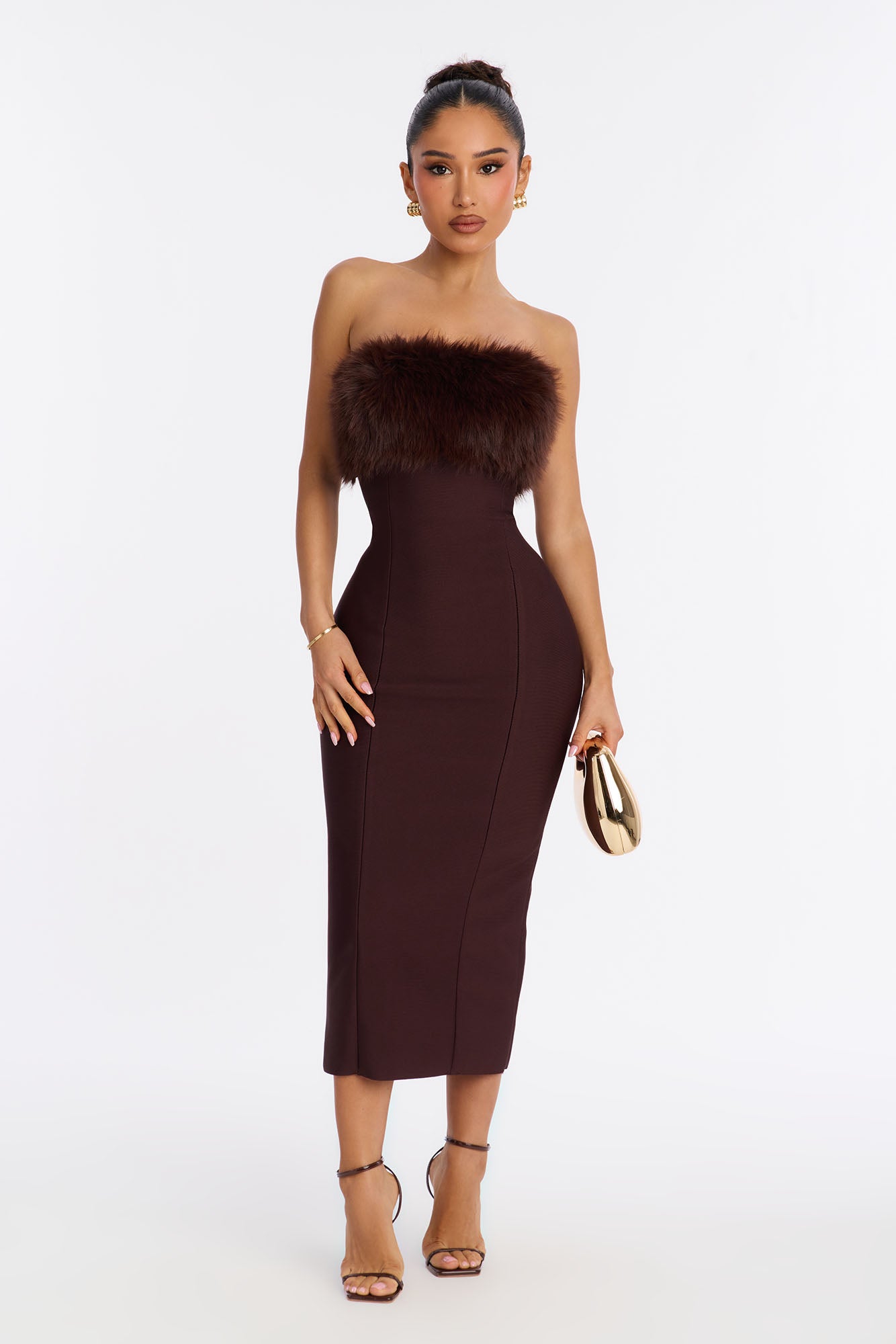 Malika Fur Trim Bandage Midi Dress - Chocolate