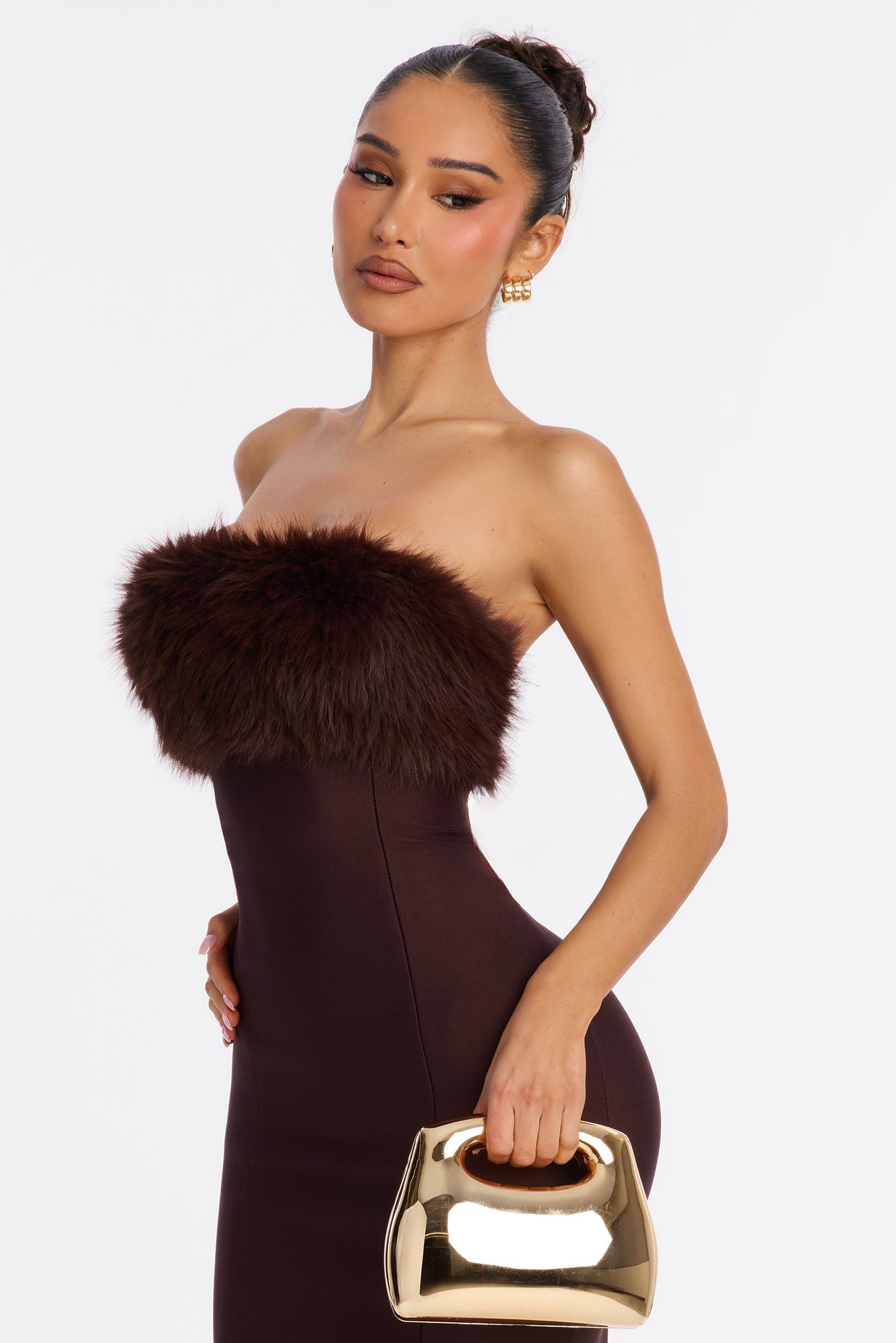 Malika Fur Trim Bandage Midi Dress - Chocolate
