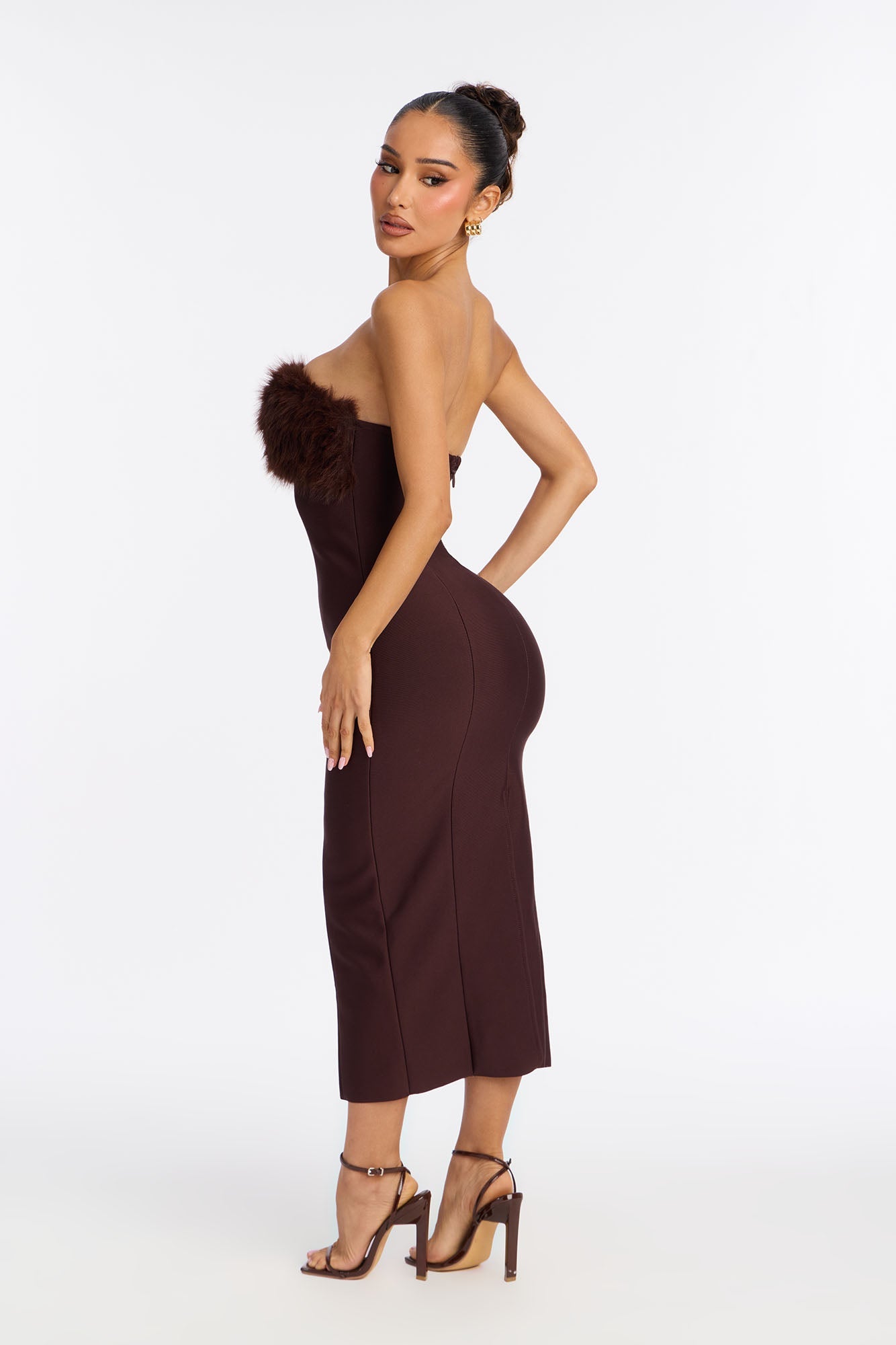 Malika Fur Trim Bandage Midi Dress - Chocolate