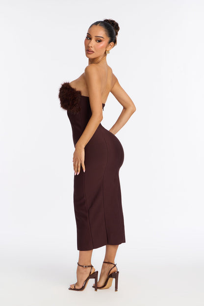 Malika Fur Trim Bandage Midi Dress - Chocolate