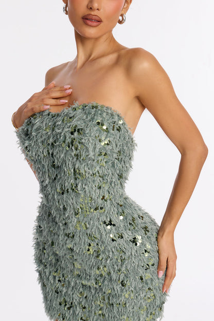 Main Character Energy Feather Mini Dress - Sage