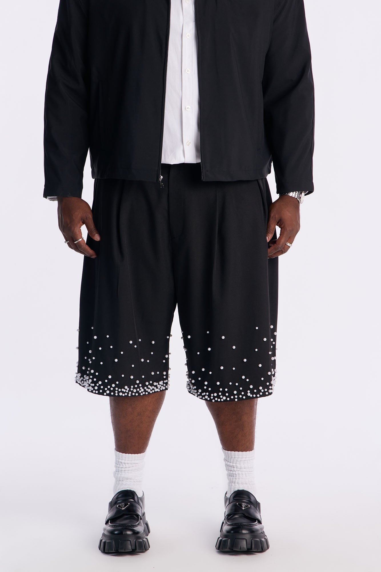 Wide Leg Double Pleated Pearl Waterfall Short - Black