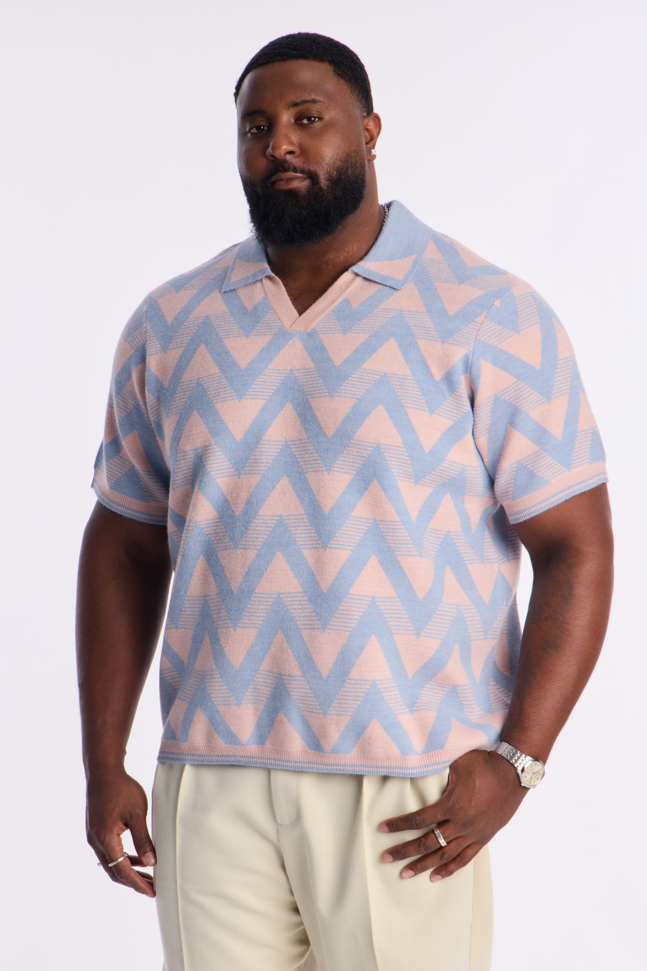 Charlie Johnny Collar Knitted Polo - Blue/combo