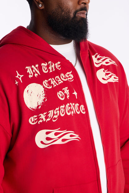 In The Chaos Zip Up Oversized Hoodie - Red