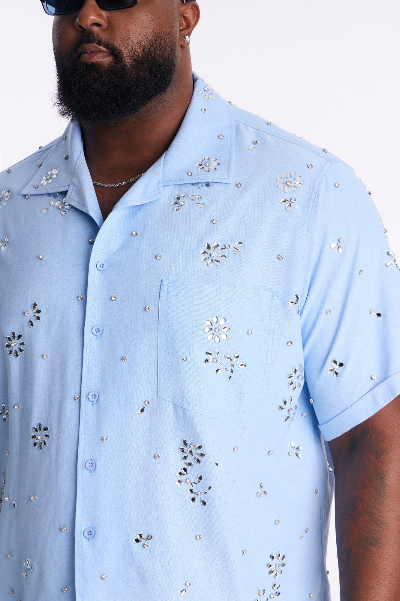 Chrome Bloom Cuban Button Up Shirt - Light Blue