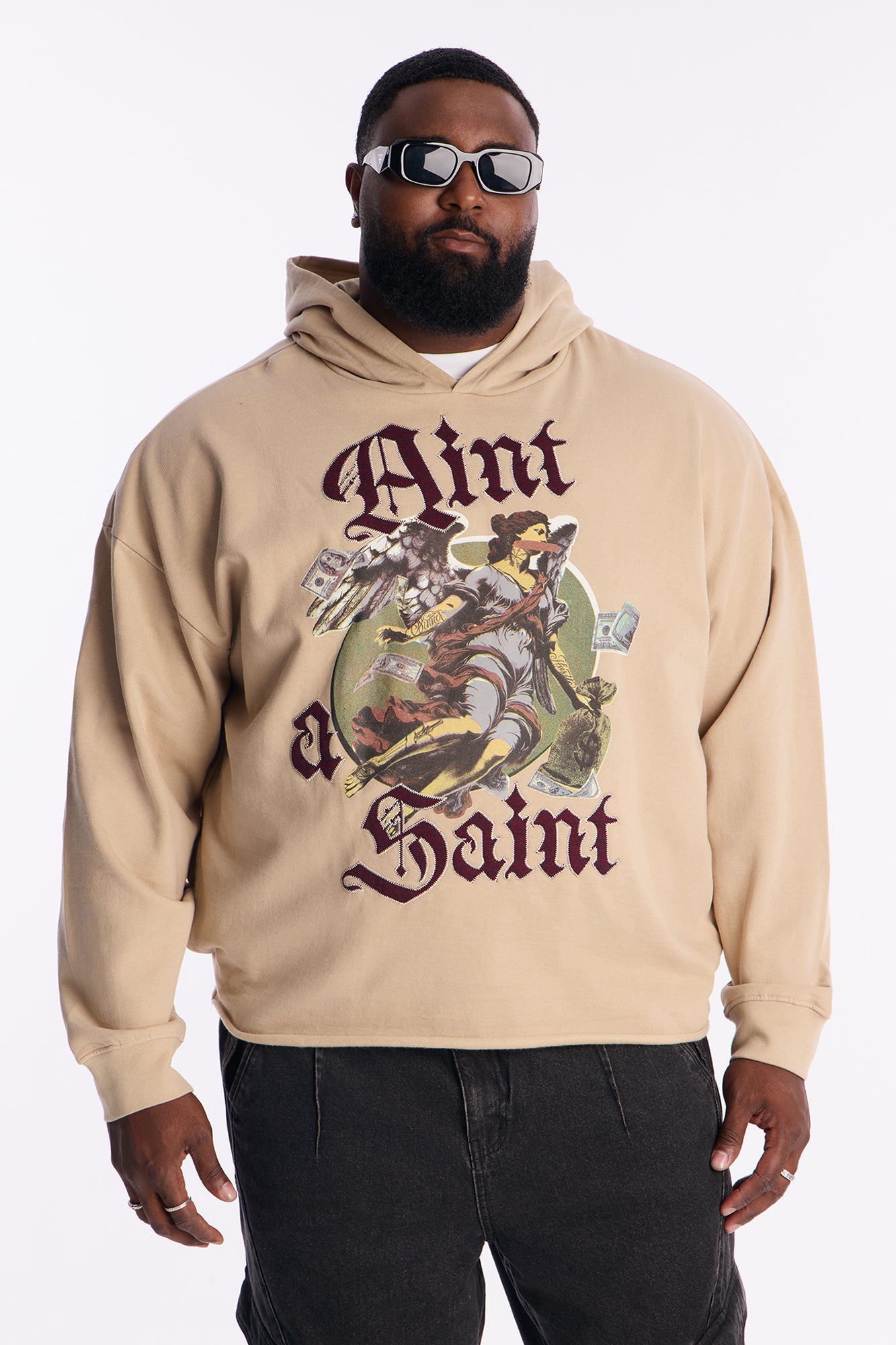 Aint A Saint Raw Hem Oversized Hoodie - Cream