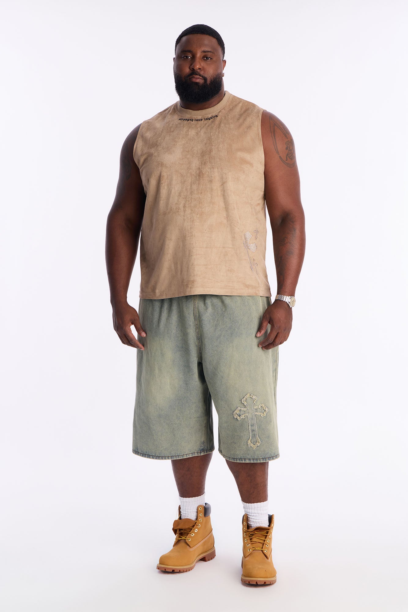 Studded Cross Faux Suede Muscle Tee - Stone