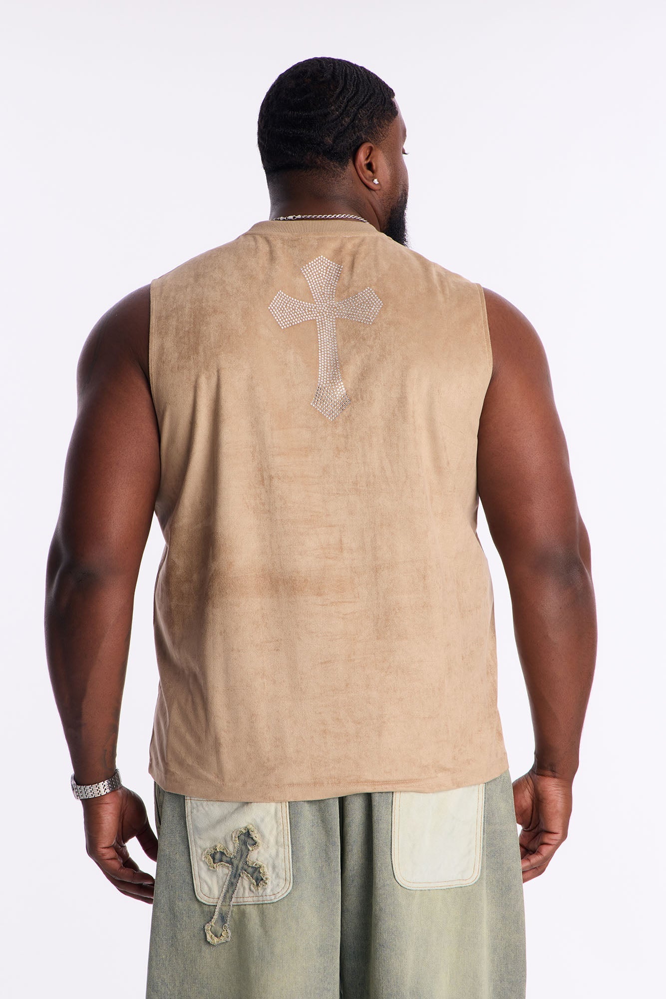 Studded Cross Faux Suede Muscle Tee - Stone