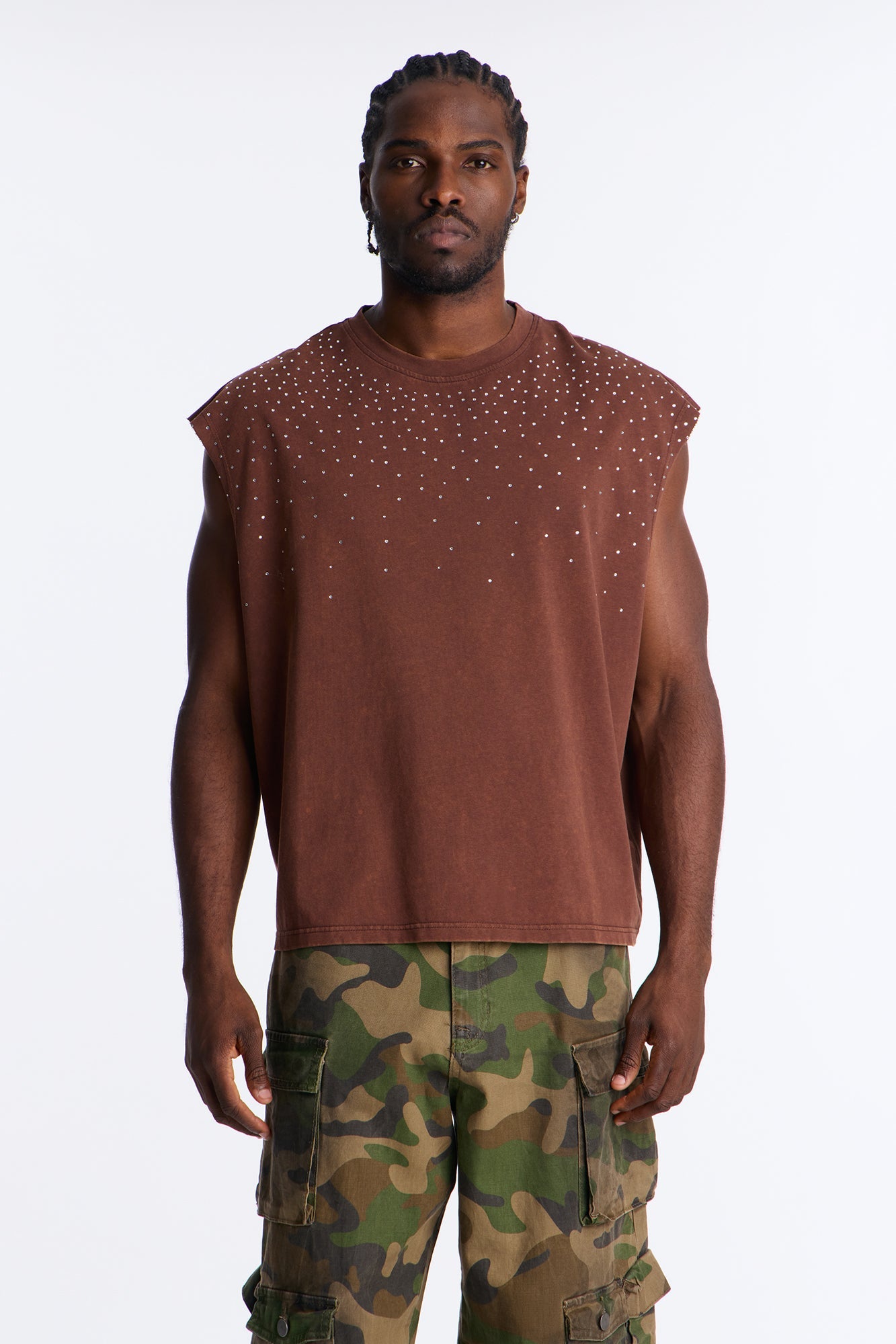 Embellished Stone Muscle Tee - Brown