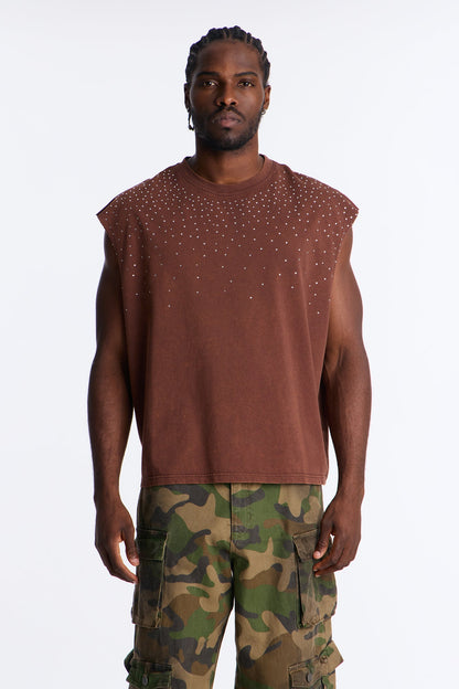 Embellished Stone Muscle Tee - Brown