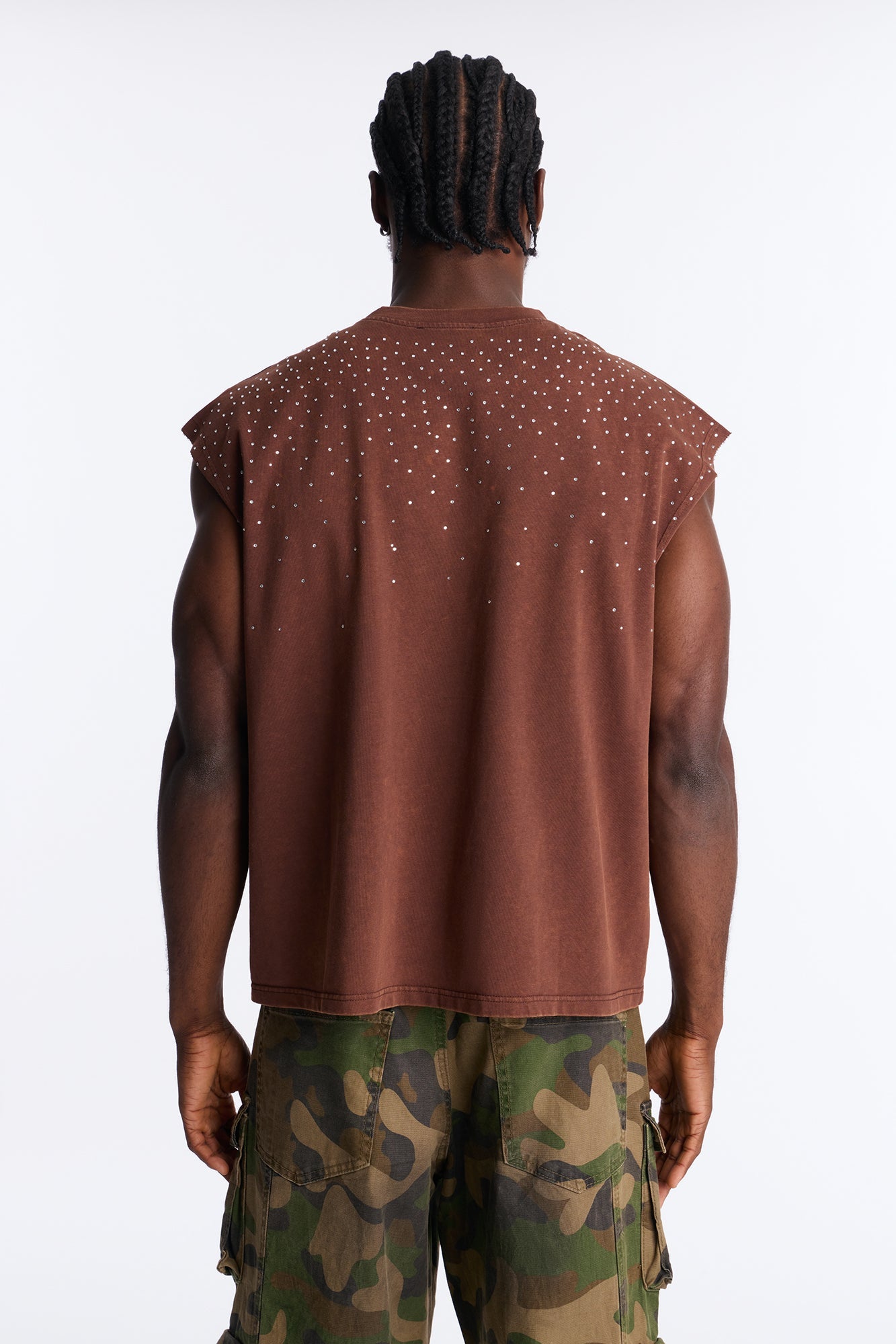 Embellished Stone Muscle Tee - Brown