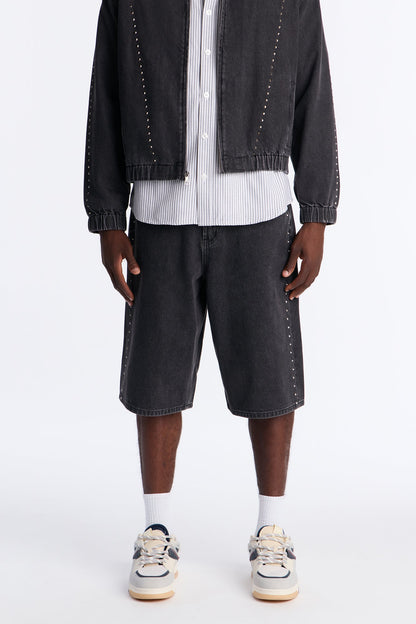 Baggy Lined Up Jewels Denim Short - Black Wash