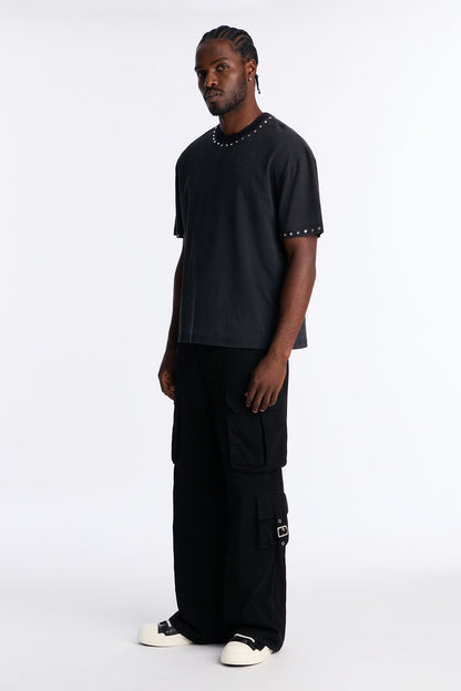 Rhinestone Embellished Knit Tee - Black