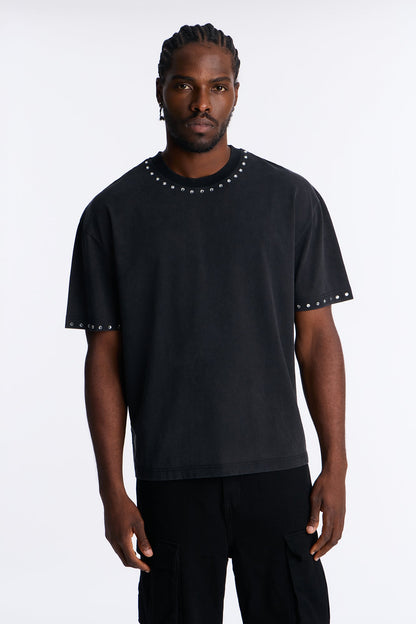 Rhinestone Embellished Knit Tee - Black