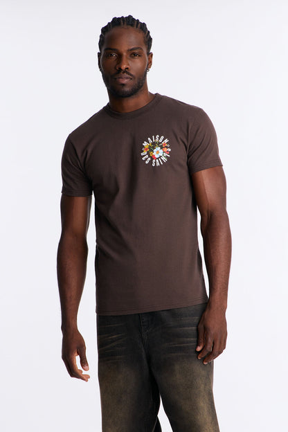 Maison Flower Print Short Sleeve Tee - Brown