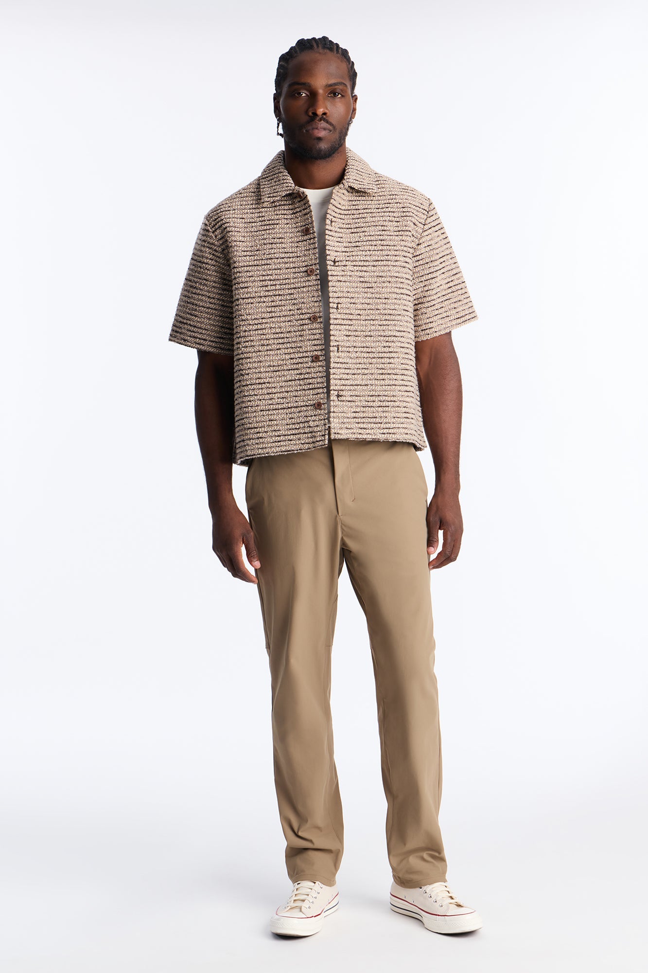 Relaxed Cropped Tweed Button Up Shirt - Brown