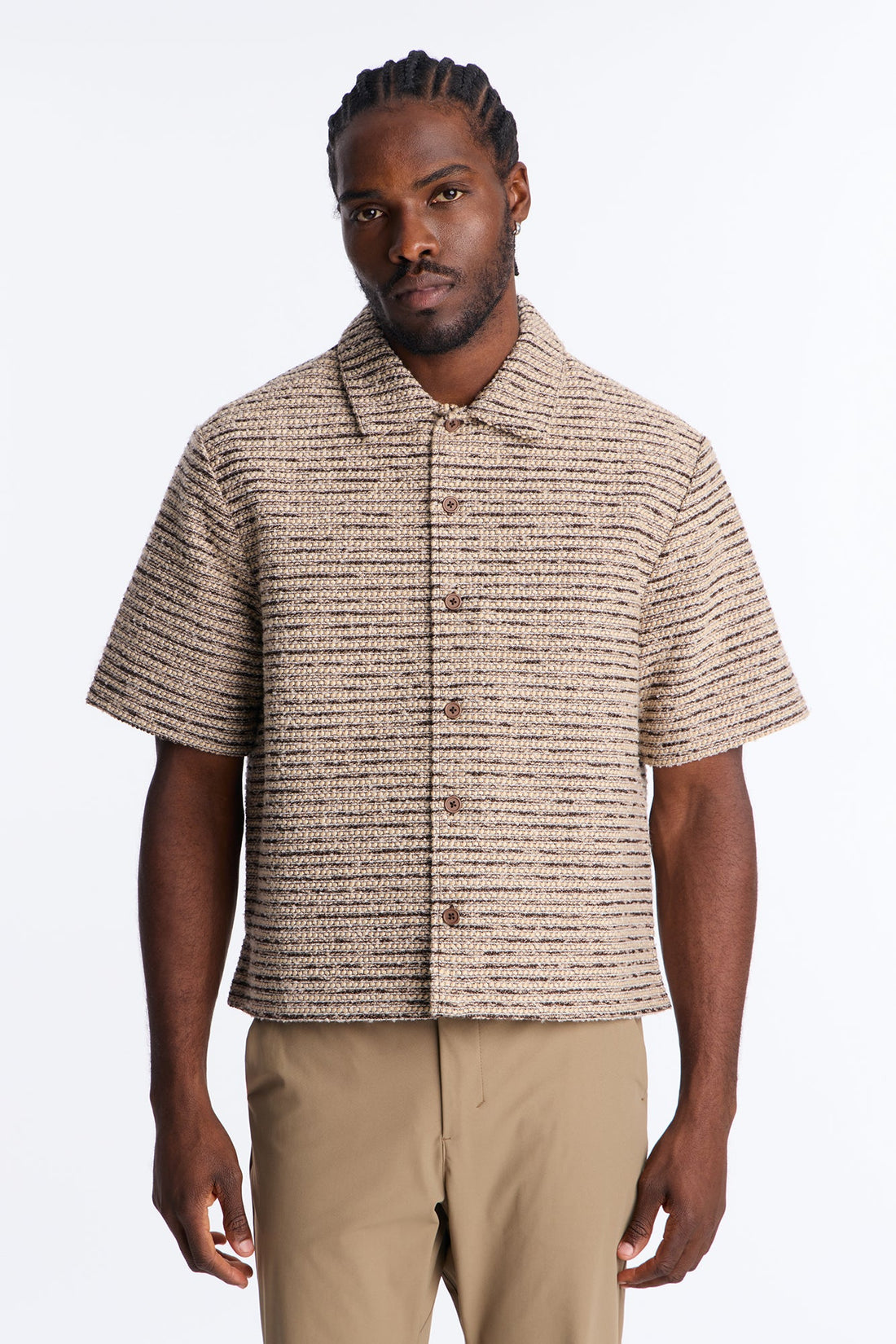 Relaxed Cropped Tweed Button Up Shirt - Brown