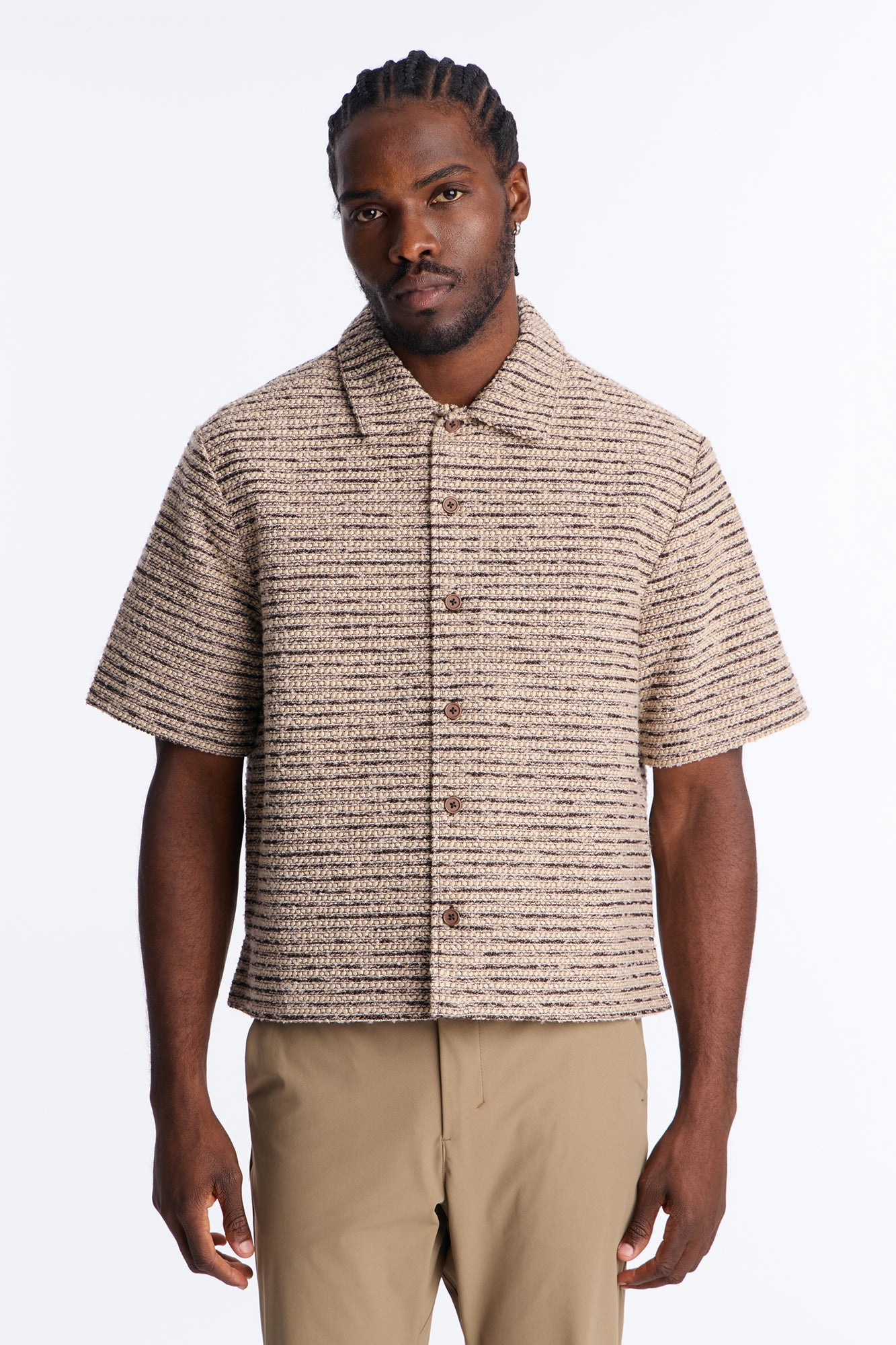 Relaxed Cropped Tweed Button Up Shirt - Brown