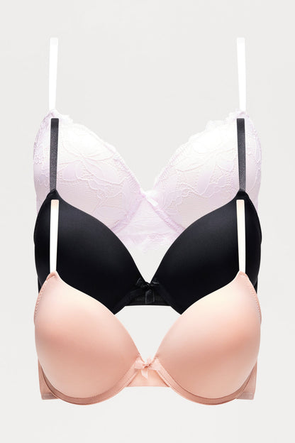 Center Of Attention 3 Pack Daisy Lace Demi Padded Bras - Lavender/combo
