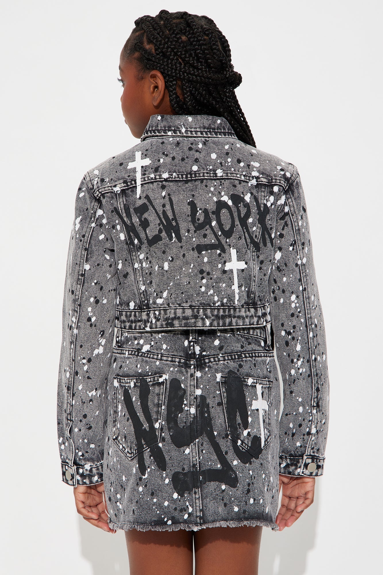 Mini Graffiti Girl Denim Skirt Set - Grey