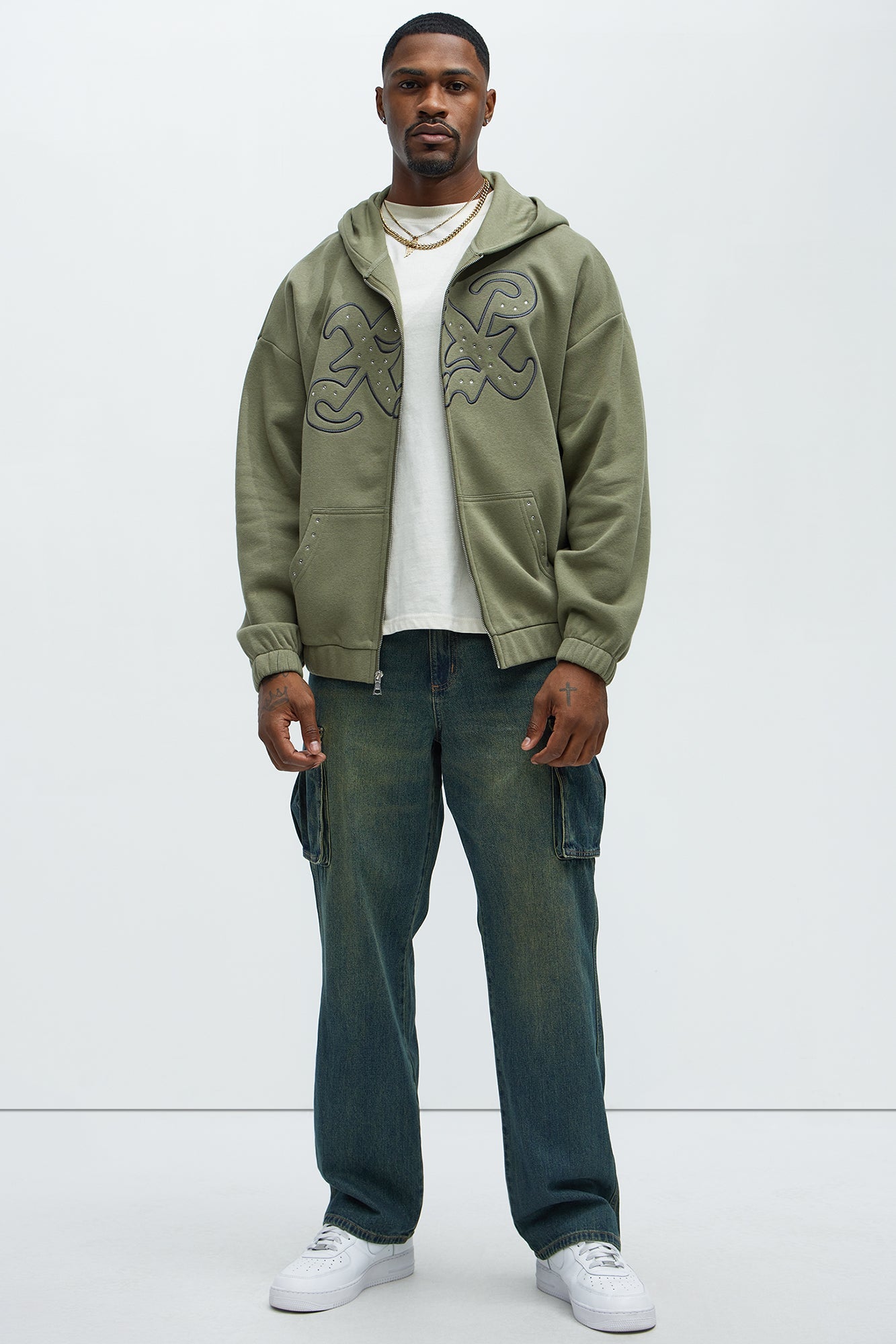 Tyson Rhinestone Oversized Zip Up Hoodie - Olive