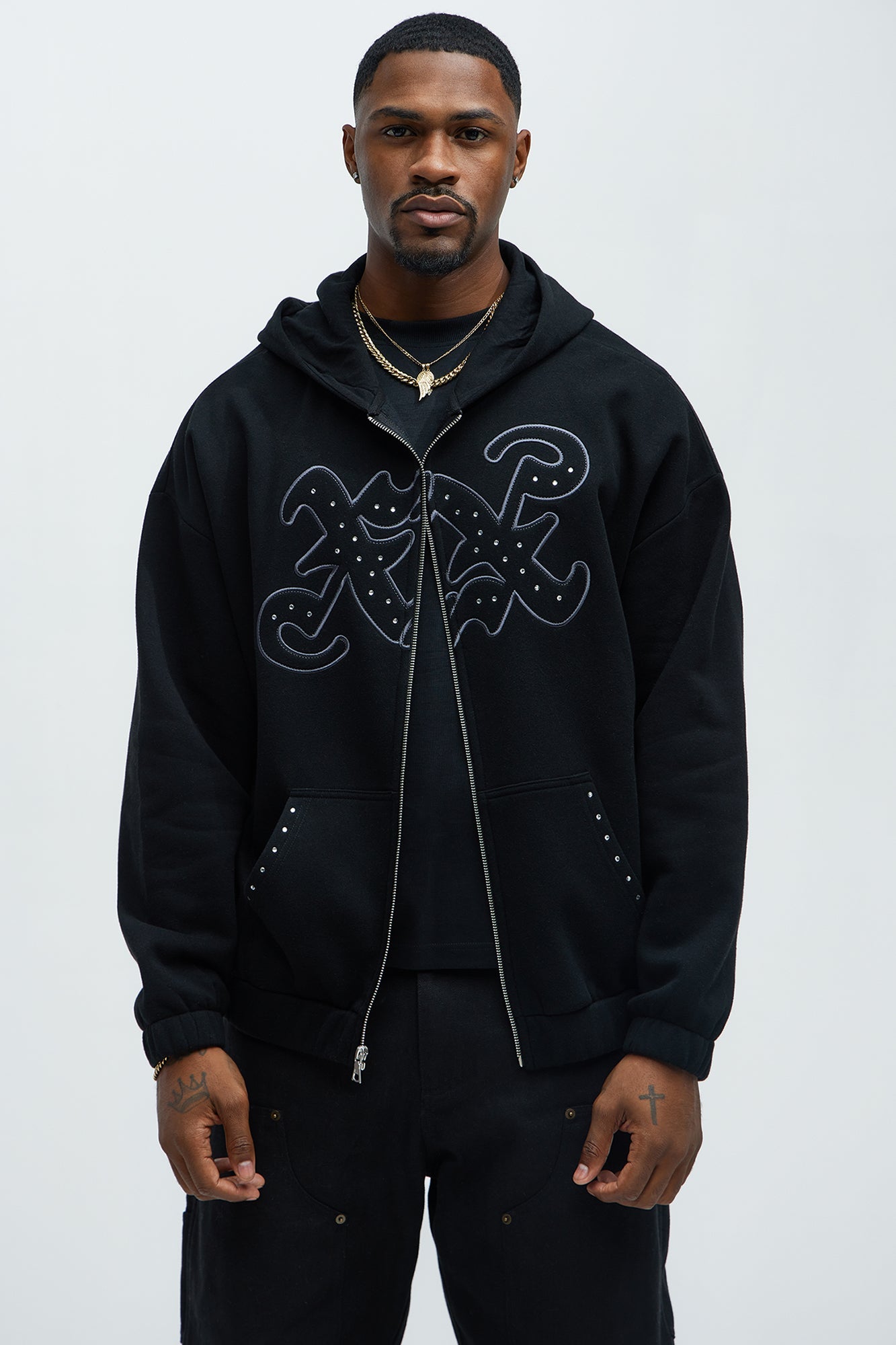 Tyson Rhinestone Oversized Zip Up Hoodie - Black